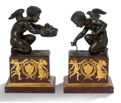 ÉTIENNE BLAVET (1751-1827) 
A pair of bronze sculptures of lovers, one carrying a...