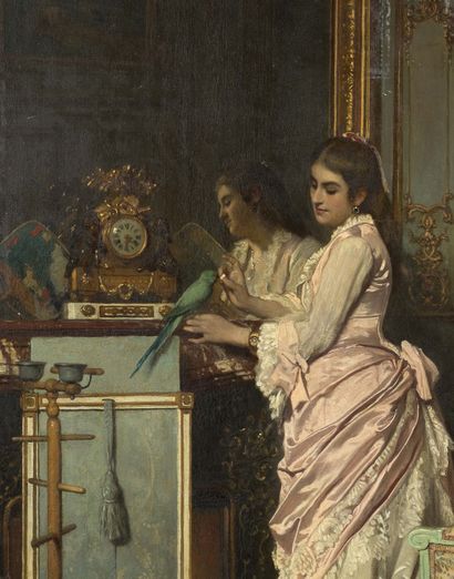 Alfred STEVENS (1823-1906) 
Le perroquet vert 

Huile sur panneau, signée en bas...