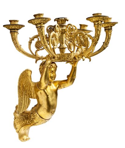 ATTRIBUÉE À PIERRE-PHILIPPE THOMIRE (1757-1853) Paire de bras de lumières en bronze...