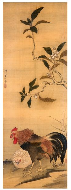 JAPON XIXE SIECLE 公鸡和母鸡在盛开的樱花树枝下的彩色绢上的柿子野。Signed Issai.
Dim. à vue : 98 x 34 cm
(Frame...