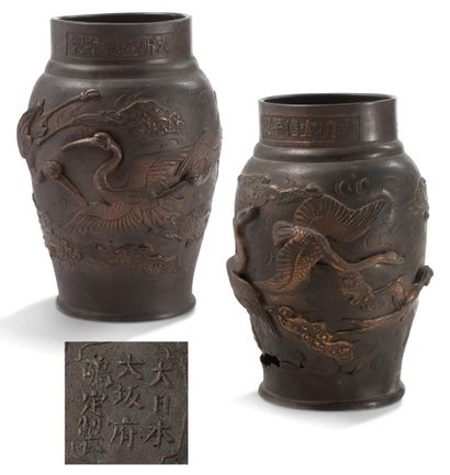Japon Période Meiji (1868-1912) Paire de vases en bronze à décor en haut relief de...