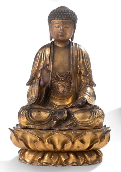 JAPON FIN DE LA PÉRIODE EDO, XIXE SIÈCLE Statuette en bois laqué et doré en deux...