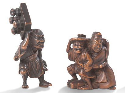 Japon Période Meiji (1868-1912) Two boxwood netsuke, representing two fighting characters...