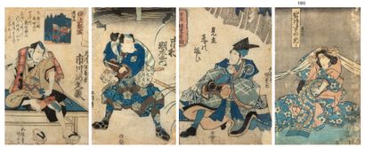 JAPON XIXE SIECLE Four oban tate-e prints, three by TOYOKUNI III-KUNISADA, depicting...