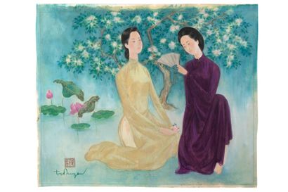 TRAN PHUC DUYEN (1923-1993) 
Femmes aux lotus

Huile, encre et couleurs sur soie,...