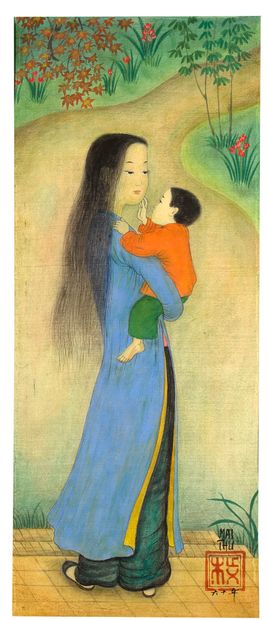 MAI TRUNG THU (1906-1980) Jeune femme et enfant dans un paysage, 1960 Encre et couleurs...