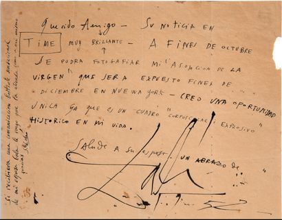 DALI Salvador (1904-1989) 
L.A.S."Dali"，1952年，致友人；1页长方形中4号纸（纸质略微泛黄，小边角撕裂，未触及文字）；西班牙文。
关于他的名画Assumpta...