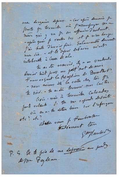 FLAUBERT Gustave (1821-1880) 
L.A.S."Gve Flaubert"，[1861年6月4日，Croisset]，致Ernest FEYDEAU；2页，蓝色纸张，8开(轻微的边缘缝隙)。
关于西尔维-德-费多和关于萨拉姆博。
"谢谢你，西尔维，我亲爱的老人家。我重读了第三遍。-...