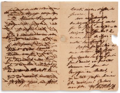 STENDHAL Henri Beyle (1783-1842) 
L.A.S."F。布雷尼埃"，[1814年5月14日]，在La Tour du Pin(伊泽尔)给他的妹妹波林-佩里尔拉格朗日；3页，共8页，地址(因邮票破损而出现小撕裂，纸质较薄，墨水略微不透明)。
司汤达向妹妹宣布他在复辟运动中的事业梦想已经结束，他将前往意大利。
"你会看到，我亲爱的波林，在今天的报纸上，我的希望完全落空。因此，我们必须完成。一个月后我会去里昂，从那里去热那亚和罗马。我已经正式写信给Bastard[她的父亲]，向他要土地rapp[ortan]t...