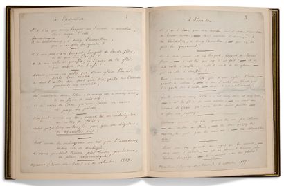 MISTRAL FRÉDÉRIC (1830-1914) 
，1859年9月8日，Maillane用普罗旺斯语和法语写的亲笔诗《À Lamartine》；2页，共4页（已修复的裂缝），有标签，橄榄色摩洛可装订，框架内有镀金锉刀（Canape和Corriez，1930年）。
《拉马丁颂》的完整手稿，打算作为献词出现在《米莱奥》的头部。
1859年2月，《米莱奥》的第一版在阿维尼翁出版（阿维尼翁，J.Roumanille），立即被拉马丁在他的《Cours...
