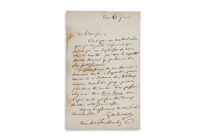 DELACROIX Eugène (1798-1863) 
L.A.S.，巴黎，6月6日；1页in-8(leg.tachée)。
"我已经收到了你的工作成果，我...