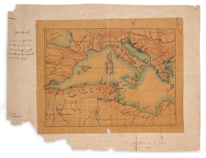 VERNE Jules (1828-1905) 附有亲笔批注的画卡，地中海地图；22 x 27.5厘米，装在地图上的描图纸上（有裂缝和撕裂，纸板边缘受损）。 为小说《马蒂亚斯...