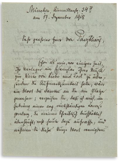 RILKE Rainer Maria (1875-1926) 
L.A.S."RM Rilke"，慕尼黑，1918年12月17日，致维也纳的Casimir von
PÁSZTHORY；2页，共8页，信封；德文。
[作曲家Casimir...