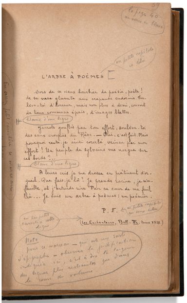 FORT Paul (1872-1960) 
手稿署名"Paul Fort"，《L'Arbre à poèmes》，[1922年]；一卷8册，共133页署名页，74页为校样和校正页，绿色半摩洛哥装订，带角，脊背有棱，镀金头（Bernasconi）。
这部诗集的完整手稿，是波伏洛茨基于1922年出版的《法国圆舞曲》的第29部。
这部"Manuscrit...