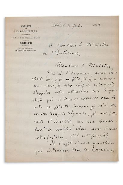 ZOLA emile (1840-1902) L.A.S."Le président du Comité Emile Zola"comme président du...