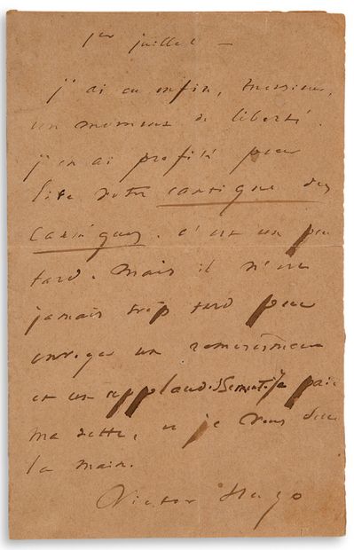 HUGO Victor (1802-1885) L.A.S."Victor Hugo"，1860年7月1日[1860年，致Ernest RENAN]；1页in-8（烫金纸）。...