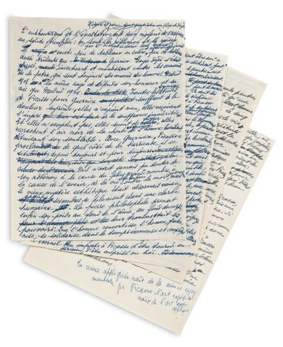 ELUARD Paul (1895-1952) 
亲笔手稿，[毕加索《图画》，1952年]；5页中4.
Éluard关于毕加索的精美文字。
初稿手稿，代表了毕加索文字《图画》的极度精心的草稿，并有删改，1952年由布劳恩作为一册出版。它本身完整地代表了这本画家画册复制品头部所印介绍性文字的三分之一。埃鲁阿德保留了这份手稿的大部分文字，但与印刷本比较，发现有许多变体，还有各种未使用和未发表的段落。
"很少有生气的画，很少有像格尔尼卡那样燃烧的画。戈雅已经站了起来，对祖国的敌人进行了谩骂和诅咒，祖国永远是人类的敌人。
马德里1808年与
马德里1936年一样，有着捍卫自己荣誉和生命的愤怒。毕加索为《格尔尼卡》所做的研究中，所有的人物都承受着至高无上的痛苦，他们没有赎罪，他们接受着不应有的痛苦的侮辱。他们不接受，他们怒汗淋漓，他们吐出的是耻辱和犯罪的黑气，是羞辱人、毁灭同伴的黑气。毕加索用《格尔尼卡》宣告了他始终和永远站在街垒的哪一边"。等等。
Complete...