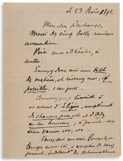 VERLAINE PAUL (1844-1896) 
L.A.S."Paul Verlaine"，1892年8月23日，致Léon DESCHAMPS；3页，共12页。
他对波德莱尔的崇拜。
[1892年8月1日，Léon...