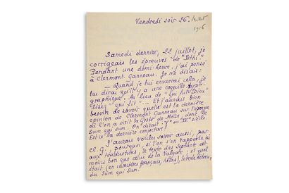 LOUYS Pierre (1870-1925) 
L.A.S."皮埃尔"，26日星期五晚上[1916年7月28日]，致他的弟弟
Georges LOUIS；4页，8开，紫色墨水。
在改正伊斯特希的校样时，他给克莱蒙-甘诺教授写了关于《摩西的手势》的写作日期的信，而这位学者正在给他写《诗》。卢埃斯抄袭了他写给他的四行诗，唤起了梅萨的石碑（1868年由克莱蒙-甘诺发现）："Pour...