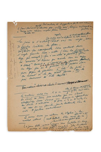 CHAR RENÉ (1907-1988) 
，作者手稿；1页，蓝色圆珠笔4号，有擦写和更正（边距稍有涂改）。
"Indications et suggestions...
