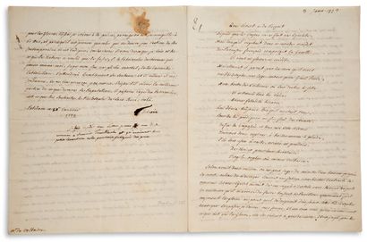FRÉDÉRIC II (1712-1786) Roi de Prusse L.S."费德里克"，有3行亲笔签名，1773年1月3日，波茨坦，VOLTAIRE；4页中4页（最后一页有小污点）。...