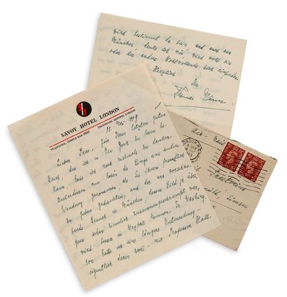 MANN Thomas (1875-1955) 
L.A.S."托马斯-曼"，伦敦，1949年5月15日，在Krottenmühl(德国)致Emil PREETORIUS；3页半，8开，有Savoy酒店信笺
，伦敦，信封。
他在长期流亡后返回德国时的一封漂亮的信。
[Emil...