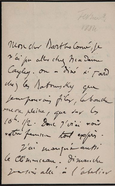 DEGAS Edgar (1834-1917) 


L.A.S. "Degas", Monday [February ? 1884], to Albert BARTHOLOMÉ;...