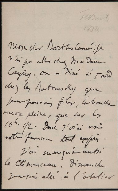 DEGAS Edgar (1834-1917) 


L.A.S. «Degas», Lundi [février ? 1884], à Albert BARTHOLOMÉ...