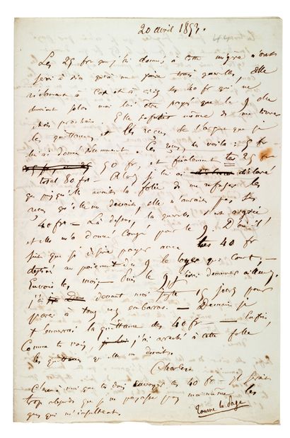 BAUDELAIRE Charles (1821-1867) L.A.S. «Charles» et «C B» adressée à sa mère, Madame...