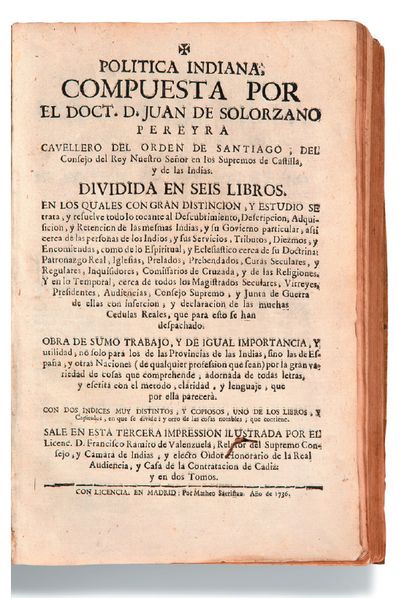 null [AMÉRIQUES]. SOLORZANO Y PEREYRA Juan de (1575-1655)
Politica Indiana Compuesta...