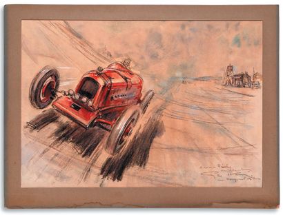 HAM Geo (HAMEL Georges, dit) (1900-1972) • Scène de course à Montlhéry
Crayon gras,...