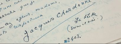 CHARDONNE JACQUES (1884-1968) CORRESPONDANCE AUTOGRAPHE signée à Ginette GUITARDAUVISTE,...