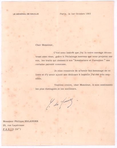 null DE GAULLE Charles

Lettre dactylographiée signée, Paris le 1er octobre 1963...