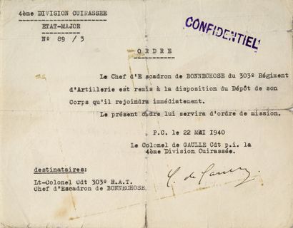 null DE GAULLE Charles

Pièce signée " Charles DE GAULLE" ordre de mission du 22...