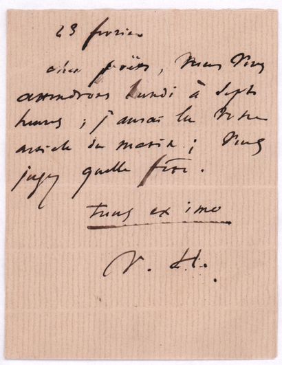 null HUGO Victor

L.A.S. « V. H. », 23 février [1872], à un « cher poête » [Théodore...