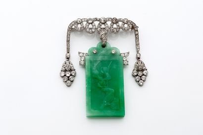 CARTIER 
PAGODE" diamond and jadeite brooch engraved with two scenes of a bird perched...