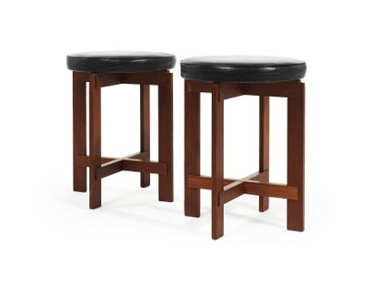 UNO ET ÖSTEN KRISTIANSSON PAIR OF TEAK STOOLS Circular seat covered with black leather,...