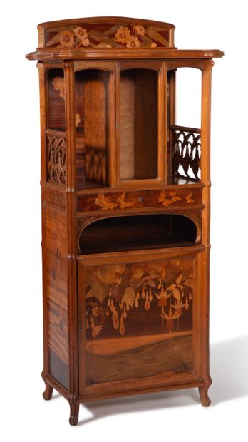 Émile GALLÉ (1846-1904) 
SMALL "FUCHSIAS" LIBRARY FURNITURE
In moulded walnut, rosewood,...