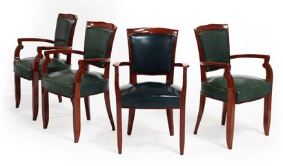 Jules LELEU (1883-1961) 
SET OF FOUR SMALL ARMCHAIRS In varnished mahogany with slightly...