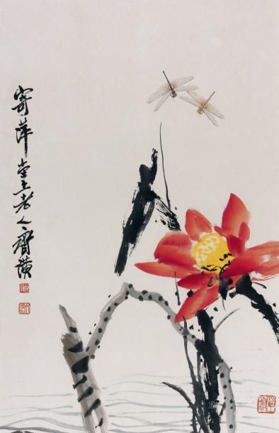 QI BAISHI (1864-1957) Lotus rouge et libellules Encre et aquarelle sur papier, signée...
