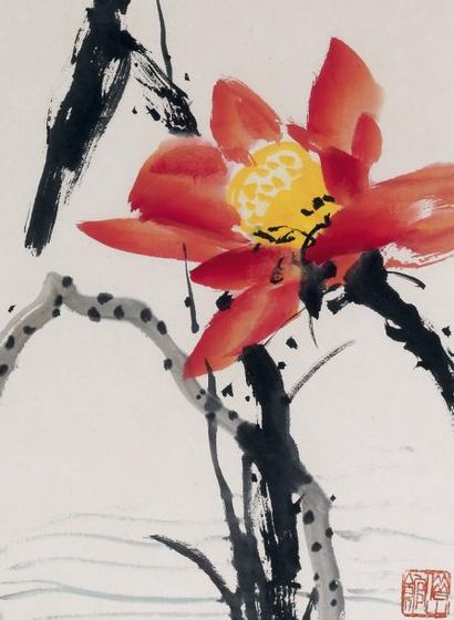 QI BAISHI (1864-1957) Lotus rouge et libellules Encre et aquarelle sur papier, signée...