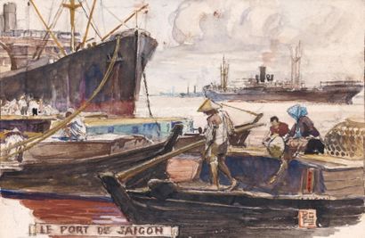 Dominique Charles FOUQUERAY (1872-1956) Port de Saïgon Aquarelle et crayon, monogrammé...