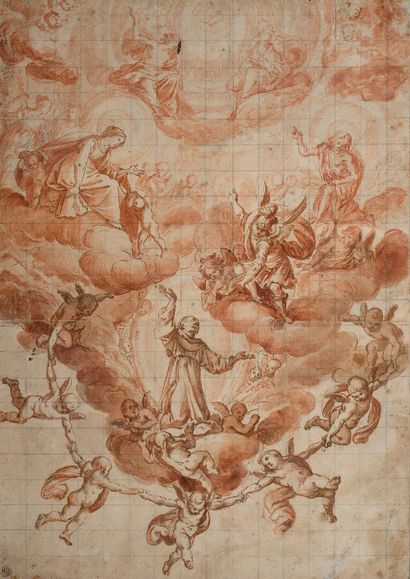École ESPAGNOLE du XVIIe siècle 
圣安东尼的神化

水洗、红墨水和黑石子在铺装纸上。

41 x 29 厘米



证据 

左下角印有Defer-Dumesnil收藏（L....