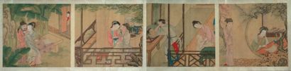 CHINE Rouleau horizontal, encre et couleurs sur soie Quatre scènes galantes dans...