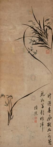 null Orchidées, par Li Dashan (-) XIXe siècle. Rouleau vertical, encre sur papier....
