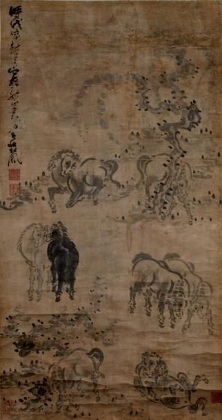 null Huit chevaux s'ébattant dans la plaine, par Zhuang Qifeng (-), daté wuyin (1758,...