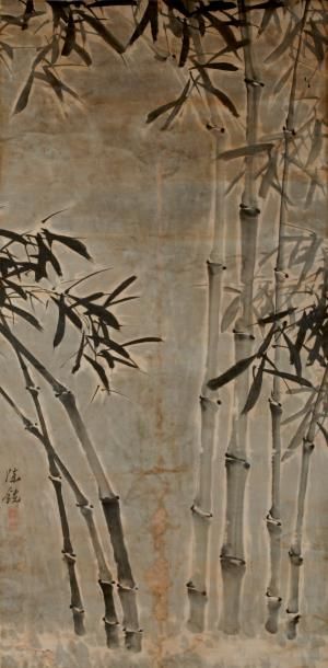 null Bambous, par Chen Xian (1785-1859). Rouleau vertical, encre sur papier. Signé...
