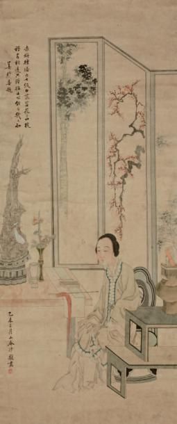 null Femme assise devant un paravent, par Sha Fu (1831-1906), daté yiwei (1895),...