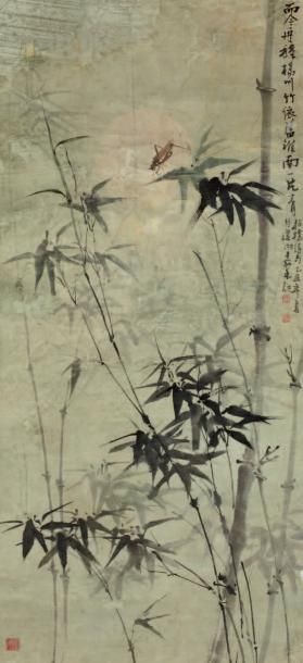 null Sauterelle dans les bambous, par Lu Jiahe (1940- ), daté yichou (1985). Rouleau...