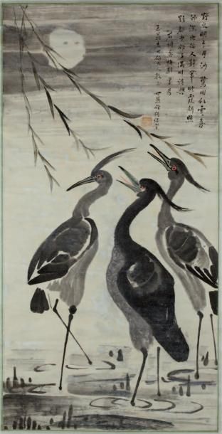 null Trois hérons dans un étang sous la lune, attribué à He Shaoye (1799-1839). Rouleau...